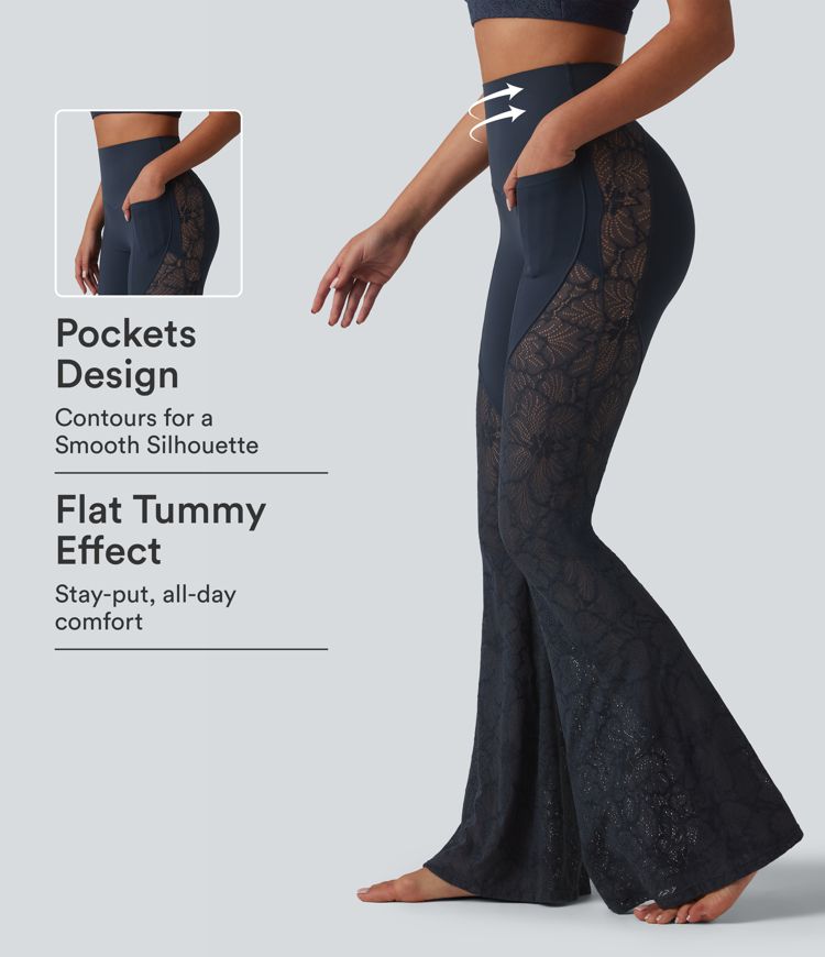 Halara UltraSculpt™ High Waisted Tummy Control Contrast Lace Yoga Flare Leggings with Pockets Halara UltraSculpt™ High Waisted Tummy Control Contrast Lace Yoga Flare Leggings with Pockets