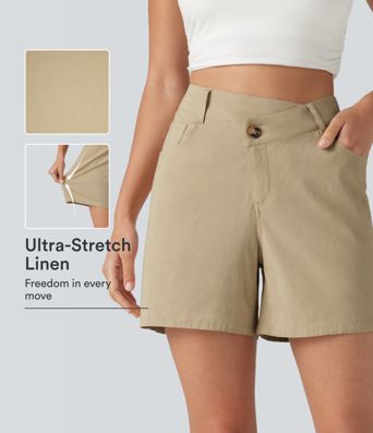 High Waisted Crossover Casual Stretch Linen Shorts 5'' with Pockets