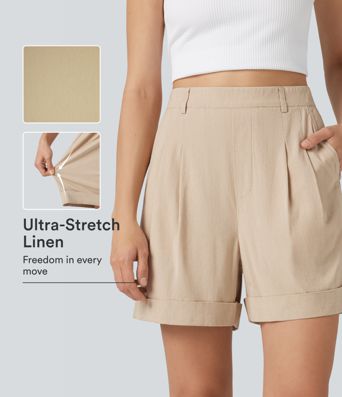 High Waisted Baggy Casual Stretch Linen Shorts 4'' with Pockets