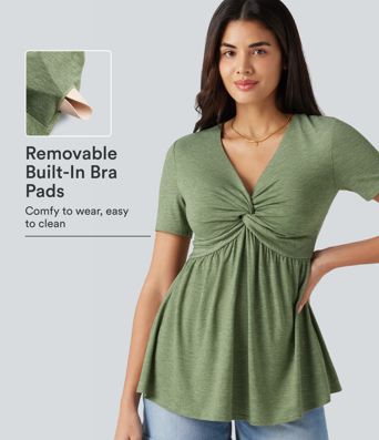 V Neck Short Sleeve Built-in Bra Casual Top