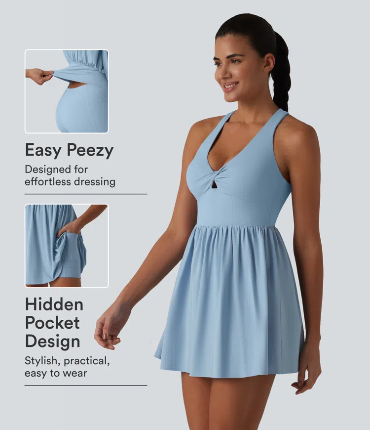 Breezeful™ V Neck Built-in Bra Racerback 2-in-1 Quick Dry Mini Tennis Active Dress with Pockets-Easy Peezy Edition