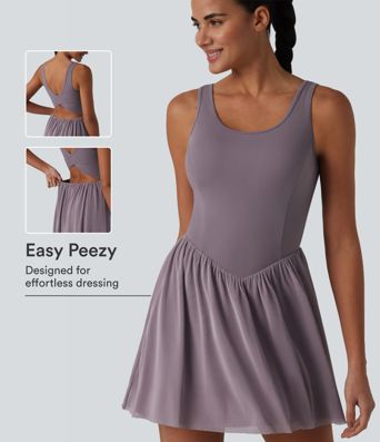 SoftlyZero™ Crisscross Backless Contrast Mesh 2-in-1 Built-in Bra Flowy Mini Tennis Active Dress with Pockets-Easy Peezy SoftlyZero™ Crisscross Backless Contrast Mesh 2-in-1 Built-in Bra Flowy Mini Tennis Active Dress with Pockets-Easy Peezy