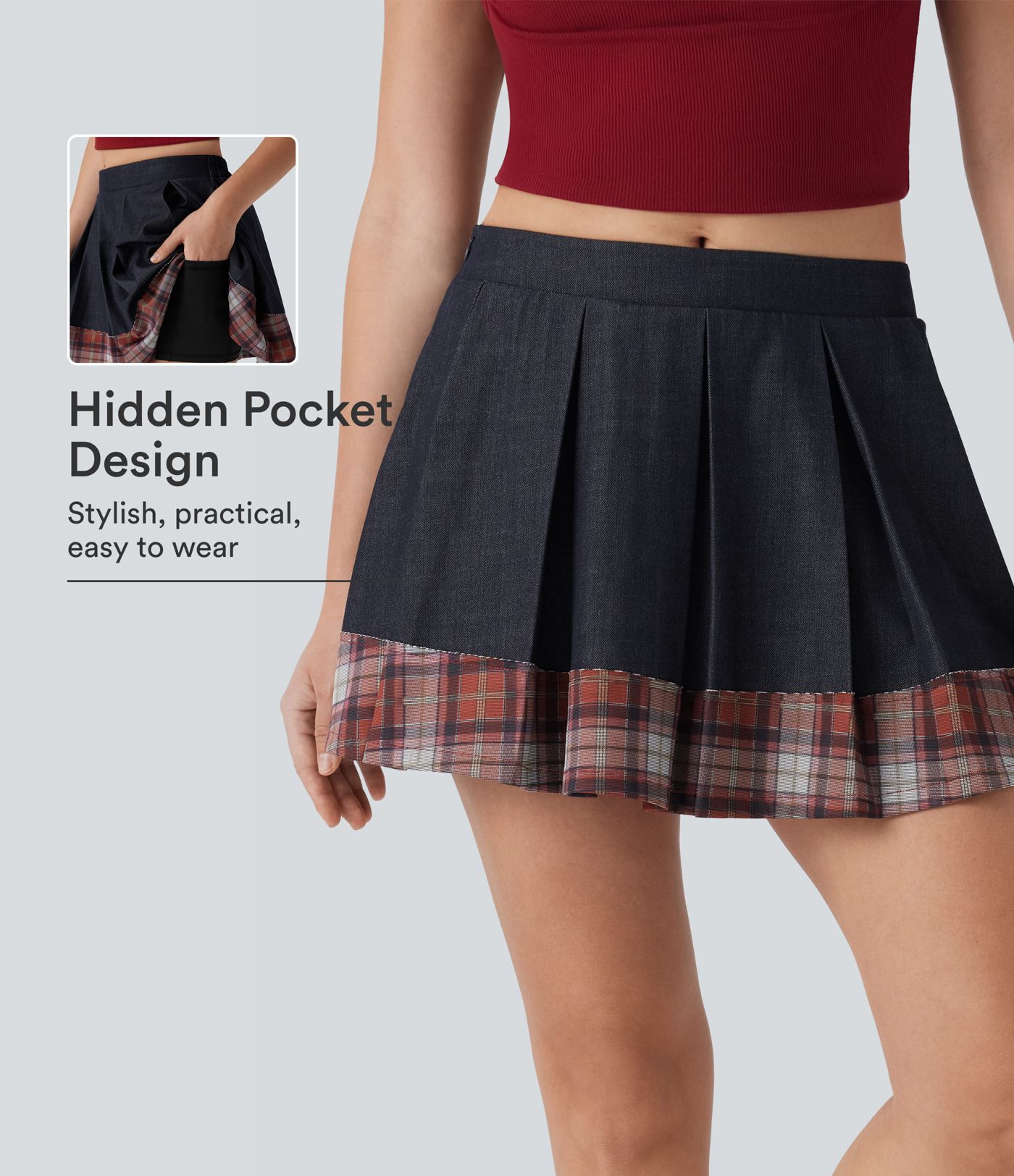 Mid Rise Pleated A-Line 2-in-1 Denim Like Plaid Mini Casual Skirt with Pocket Mid Rise Pleated A-Line 2-in-1 Denim Like Plaid Mini Casual Skirt with Pocket