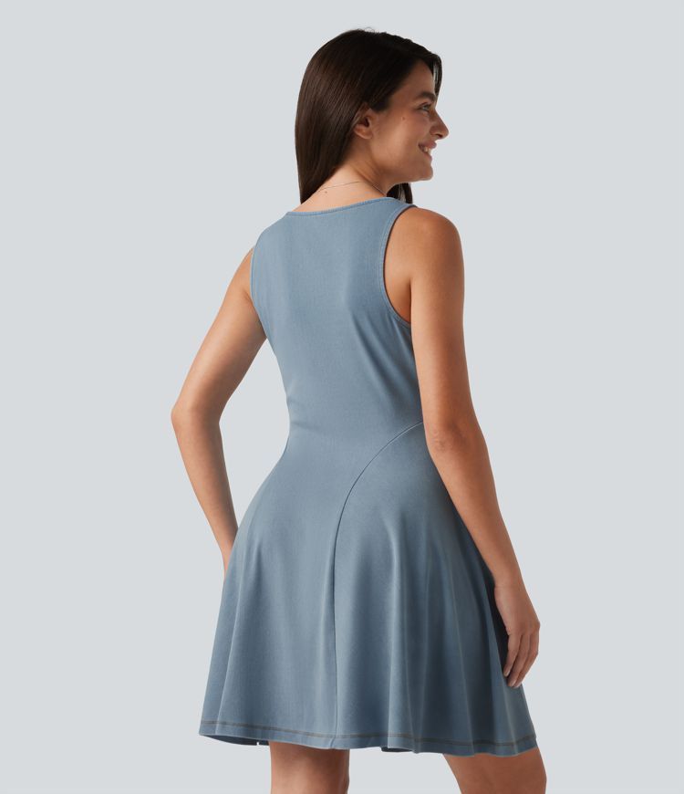 Halara Flex™ Denim V-neck Sleeveless Mini Draped Lyocell Washed Casual Flare Dress