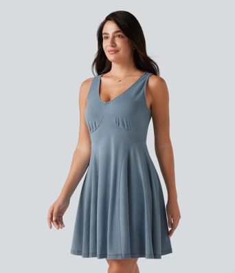 Halara Flex™ Denim V-neck Sleeveless Mini Draped Lyocell Washed Casual Flare Dress