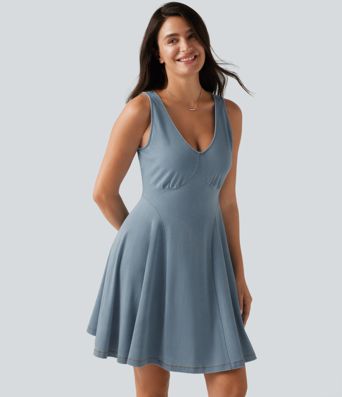 Halara Flex™ Denim V-neck Sleeveless Mini Draped Lyocell Washed Casual Flare Dress