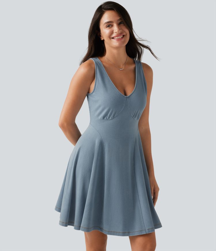 Halara Flex™ Denim V-neck Sleeveless Mini Draped Lyocell Washed Casual Flare Dress