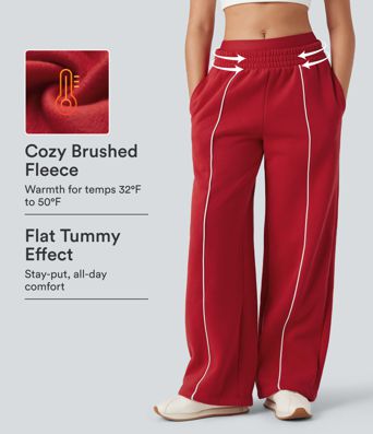 Double Waistband High Waisted Tummy Control Color Block Fleece Casual Wide Leg Pants with Pockets