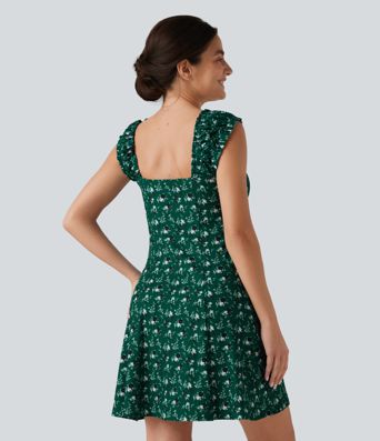 U-Neck Sleeveless Frill Ditsy Floral Built-in Bra Mini A-Line Resort Dress