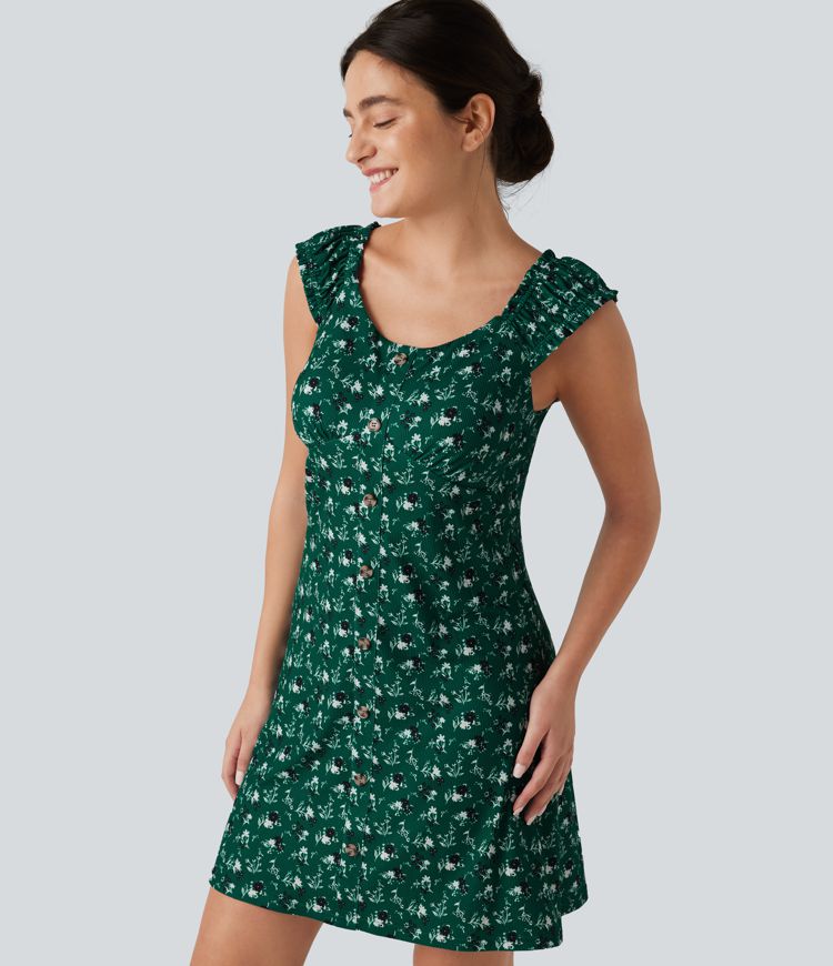 U-Neck Sleeveless Frill Ditsy Floral Built-in Bra Mini A-Line Resort Dress