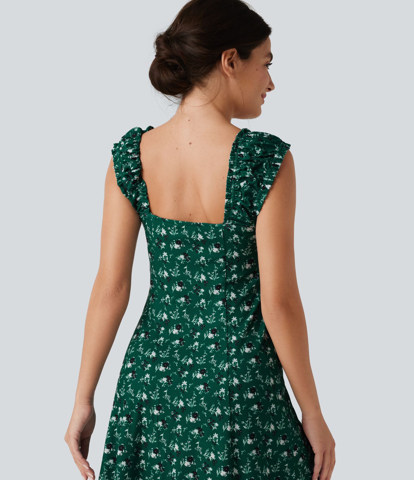 U-Neck Sleeveless Frill Ditsy Floral Built-in Bra Mini A-Line Resort Dress