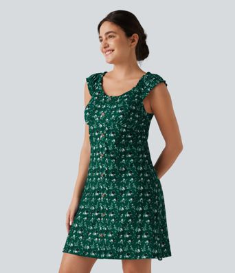 U-Neck Sleeveless Frill Ditsy Floral Built-in Bra Mini A-Line Resort Dress