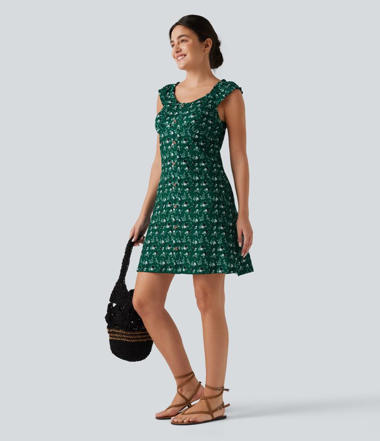 U-Neck Sleeveless Frill Ditsy Floral Built-in Bra Mini A-Line Resort Dress