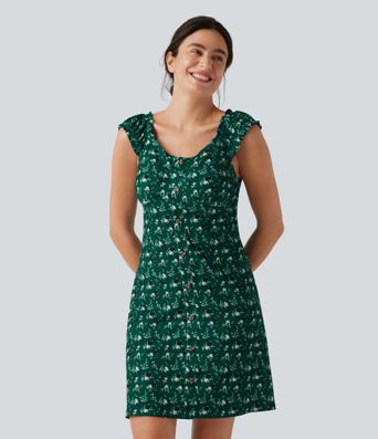 U-Neck Sleeveless Frill Ditsy Floral Built-in Bra Mini A-Line Resort Dress