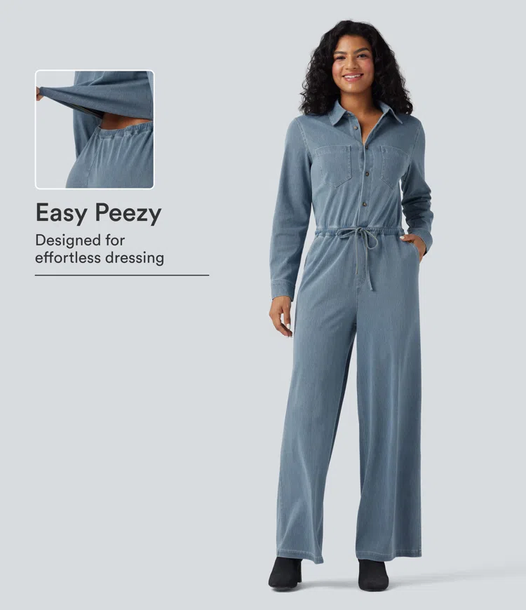 Halara Flex™ combinaison décontractée en denim lavé à manches longues, à cordon de serrage, jambes larges et poches — édition Easy Peezy