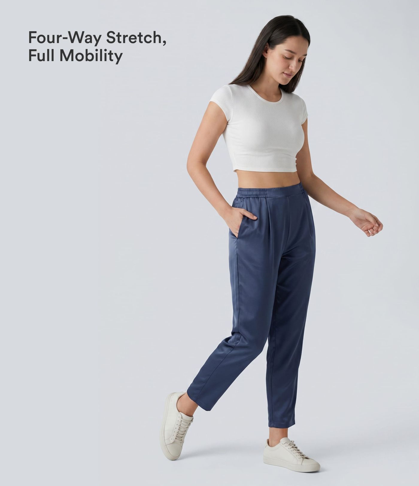 High Waisted Tapered Satin Casual Pants with Pockets