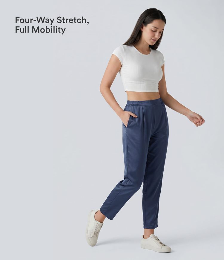 High Waisted Tapered Satin Casual Pants with Pockets