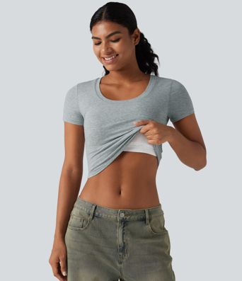 Halara Baumwoll-Jersey-T-Shirt mit Scoop-Ausschnitt, kurzen Ärmeln und integriertem BH — lässiges T-Shirt, B–DD-Cups Halara Baumwoll-Jersey-T-Shirt mit Scoop-Ausschnitt, kurzen Ärmeln und integriertem BH — lässiges T-Shirt, B–DD-Cups