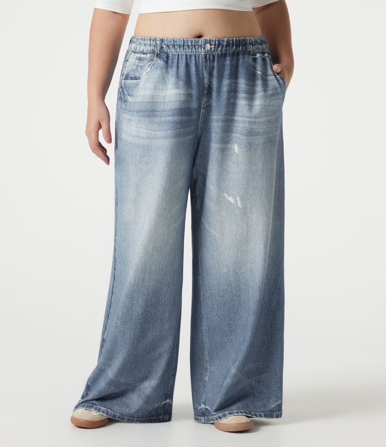 Light Ocean Denim Plus Size Mid Rise Denim Print French Terry Casual Sweatpants Jeans with Pockets / 1