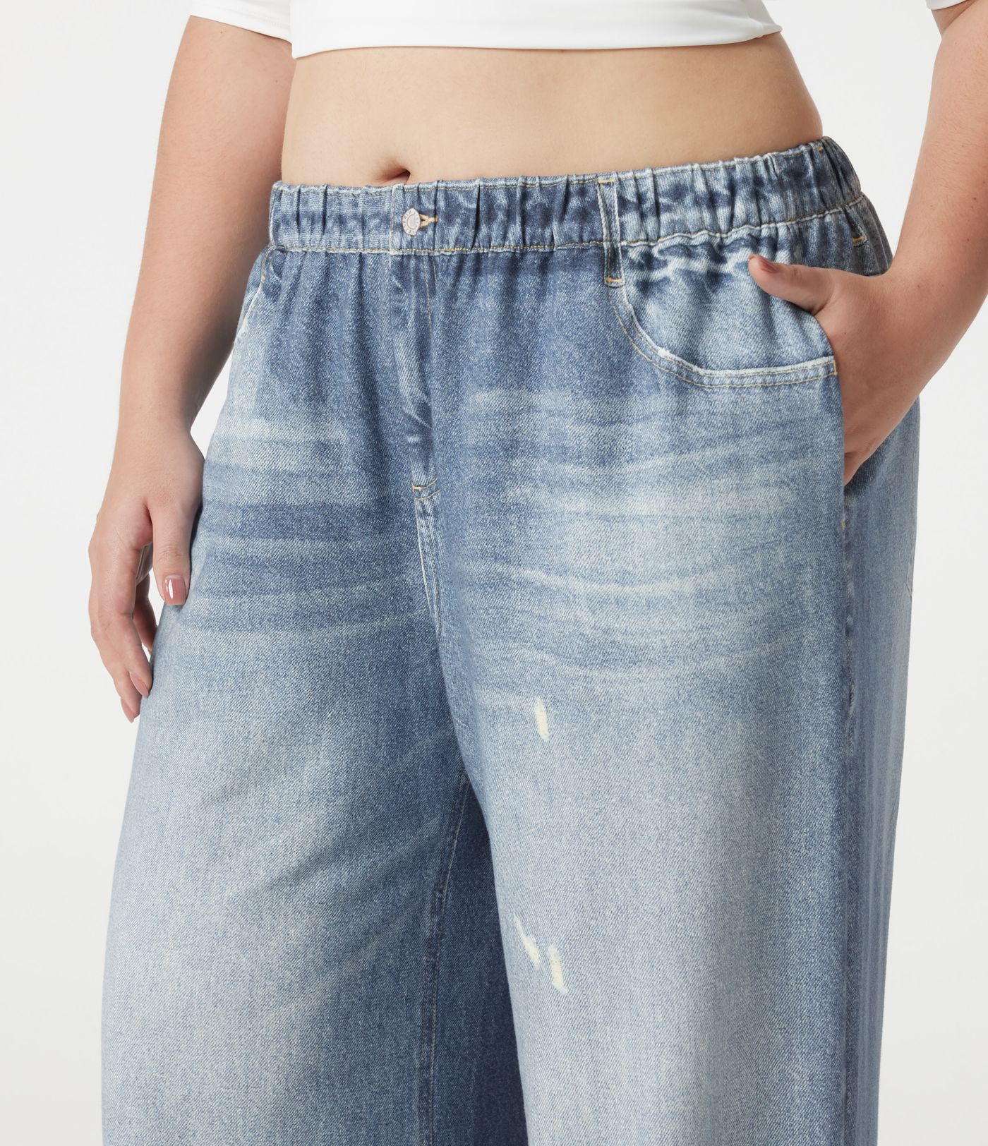 Plus Size Mid Rise Denim Print French Terry Casual Sweatpants Jeans with Pockets Plus Size Mid Rise Denim Print French Terry Casual Sweatpants Jeans with Pockets
