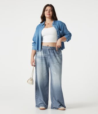 Plus Size Mid Rise Denim Print French Terry Casual Sweatpants Jeans with Pockets Plus Size Mid Rise Denim Print French Terry Casual Sweatpants Jeans with Pockets