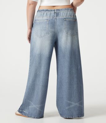Plus Size Mid Rise Denim Print French Terry Casual Sweatpants Jeans with Pockets Plus Size Mid Rise Denim Print French Terry Casual Sweatpants Jeans with Pockets