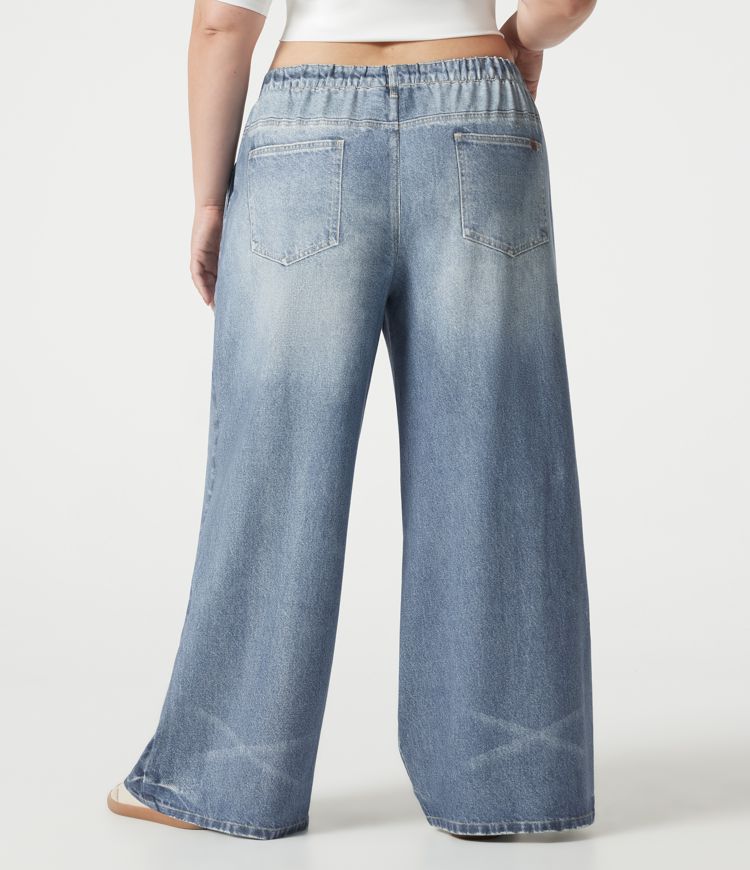 Plus Size Mid Rise Denim Print French Terry Casual Sweatpants Jeans with Pockets Plus Size Mid Rise Denim Print French Terry Casual Sweatpants Jeans with Pockets