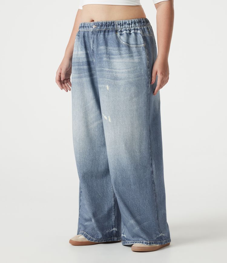 Plus Size Mid Rise Denim Print French Terry Casual Sweatpants Jeans with Pockets Plus Size Mid Rise Denim Print French Terry Casual Sweatpants Jeans with Pockets