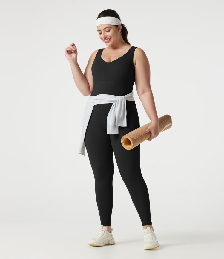 Halara UltraSculpt™ V-neck Crossover Backless Tummy Control Butt Lifting Built-in Bra Workout Plus Size Jumpsuit with Pockets