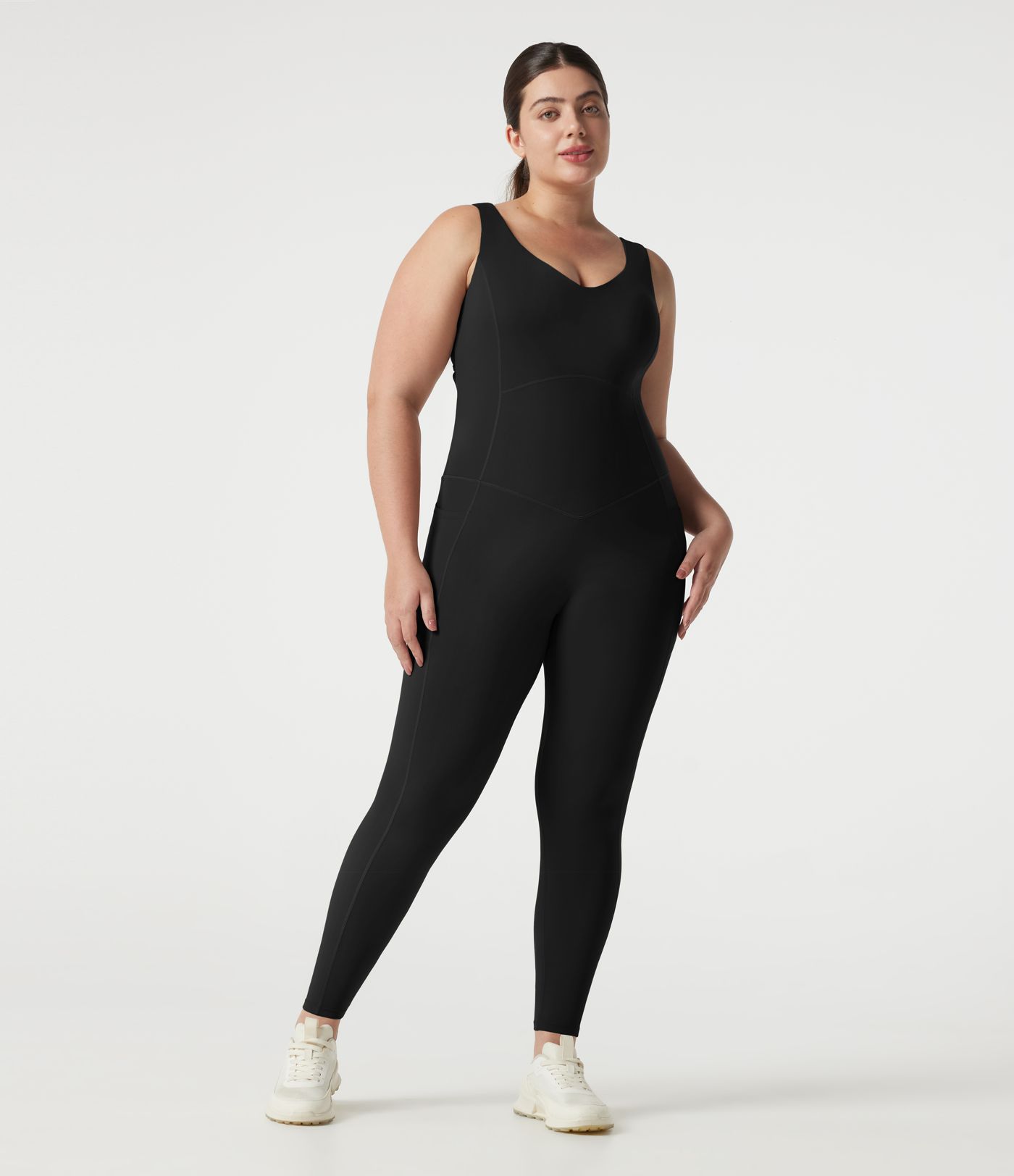 Halara UltraSculpt™ V-neck Crossover Backless Tummy Control Butt Lifting Built-in Bra Workout Plus Size Jumpsuit with Pockets