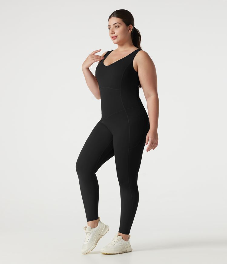 Halara UltraSculpt™ V-neck Crossover Backless Tummy Control Butt Lifting Built-in Bra Workout Plus Size Jumpsuit with Pockets