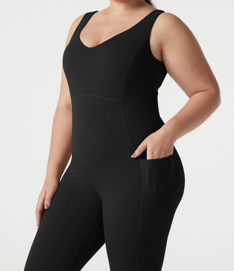 Halara UltraSculpt™ V-neck Crossover Backless Tummy Control Butt Lifting Built-in Bra Workout Plus Size Jumpsuit with Pockets