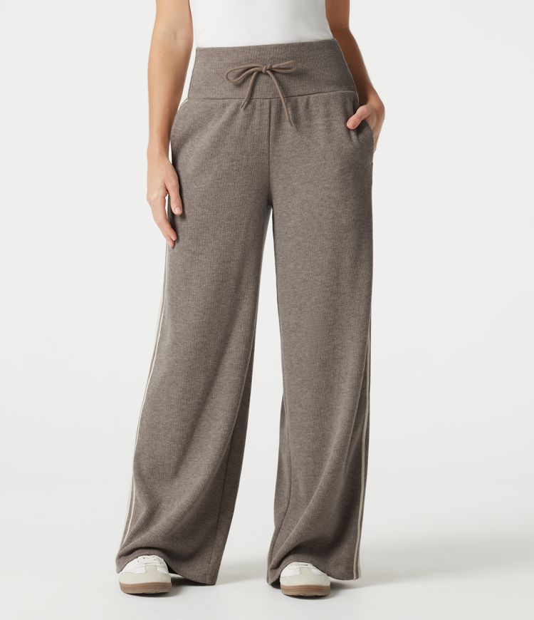 Ribbed High Waisted Tummy Control Drawstring Side Stripe Baggy Casual Pants with Pockets Ribbed High Waisted Tummy Control Drawstring Side Stripe Baggy Casual Pants with Pockets