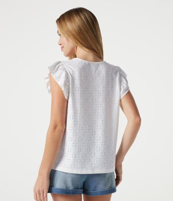 Round Neck Flounce Sleeve Embroidery Eyelet Casual Top
