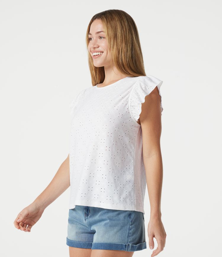 Round Neck Flounce Sleeve Embroidery Eyelet Casual Top