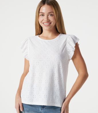Round Neck Flounce Sleeve Embroidery Eyelet Casual Top