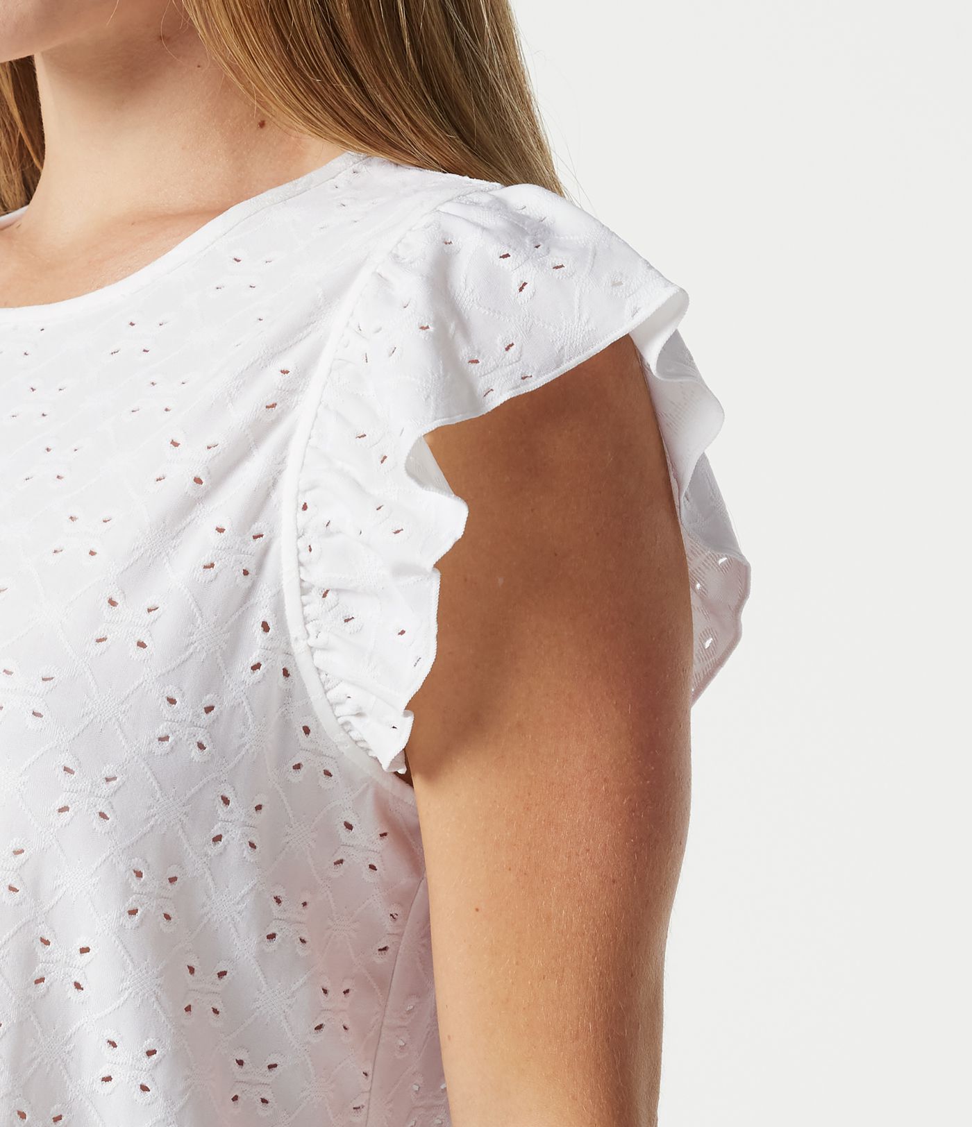 Round Neck Flounce Sleeve Embroidery Eyelet Casual Top