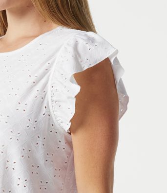 Round Neck Flounce Sleeve Embroidery Eyelet Casual Top