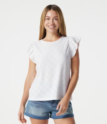 Round Neck Flounce Sleeve Embroidery Eyelet Casual Top