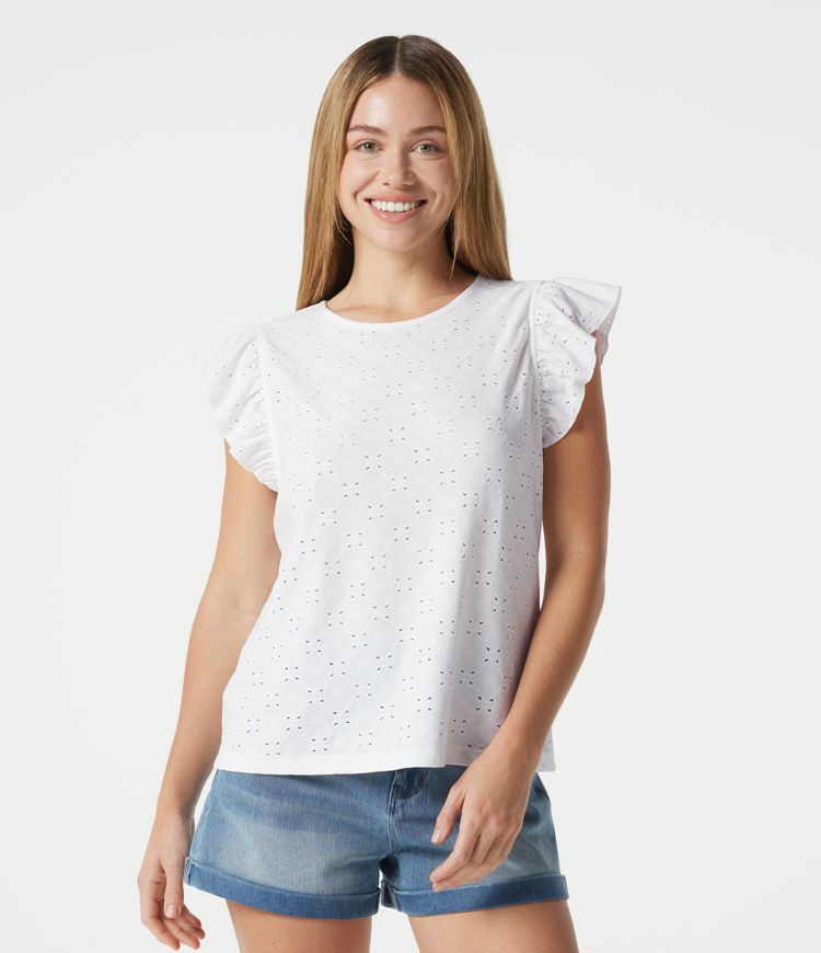 Round Neck Flounce Sleeve Embroidery Eyelet Casual Top