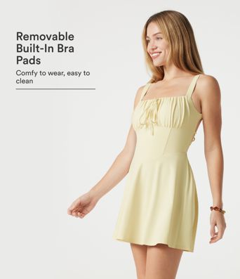 Crisscross Backless Square Neck Sleeveless Ruched Built-in Bra Mini Resort Flowy Dress