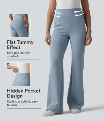 SpacerTek™ Ribbed High Waisted Tummy Control Casual Flare Pants with Pocket
