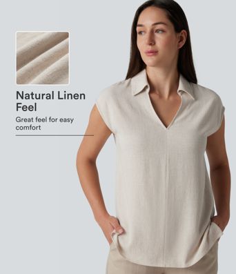 V-neck Sleeveless Split Hem Work Linen-Blend Blouse