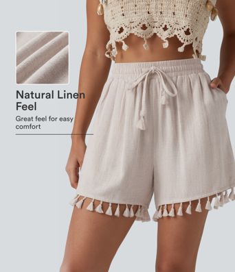 High Waisted Drawstring Fringe hem Resort Linen-Blend Baggy Shorts with Pockets