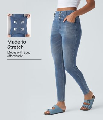 Halara Flex™ Skinny-Jeans aus elastischem Strick-Denim mit Knopf, Reißverschluss und mehreren Taschen
