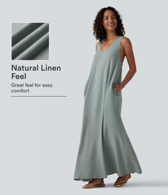 U-Neck Sleeveless Twisted-back Maxi Resort Linen-Blend Flowy Dress with Pockets