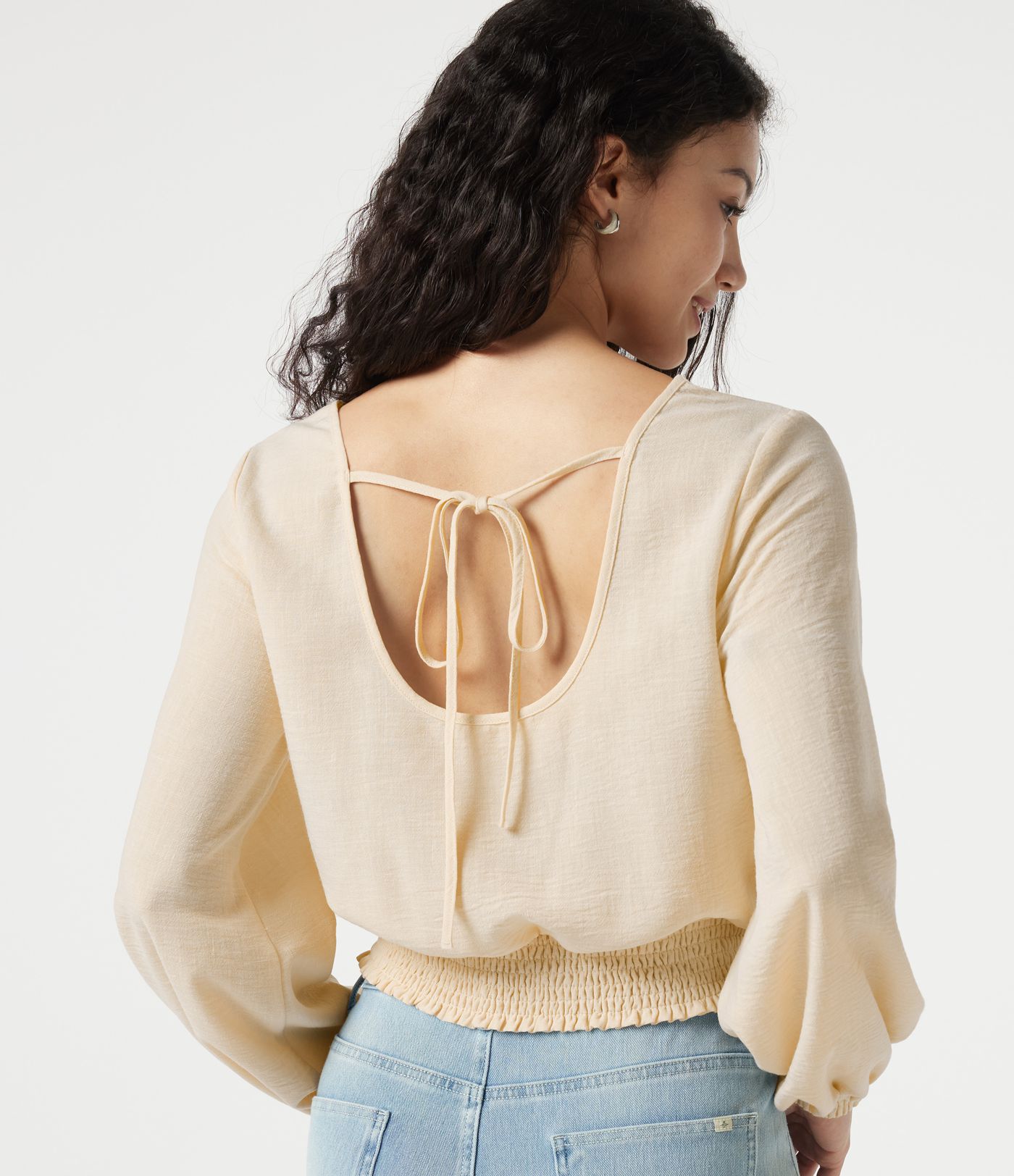 Square Neck Tie-back Bishop Sleeve Lace Panel Shirred Casual Linen-Feel Blouse