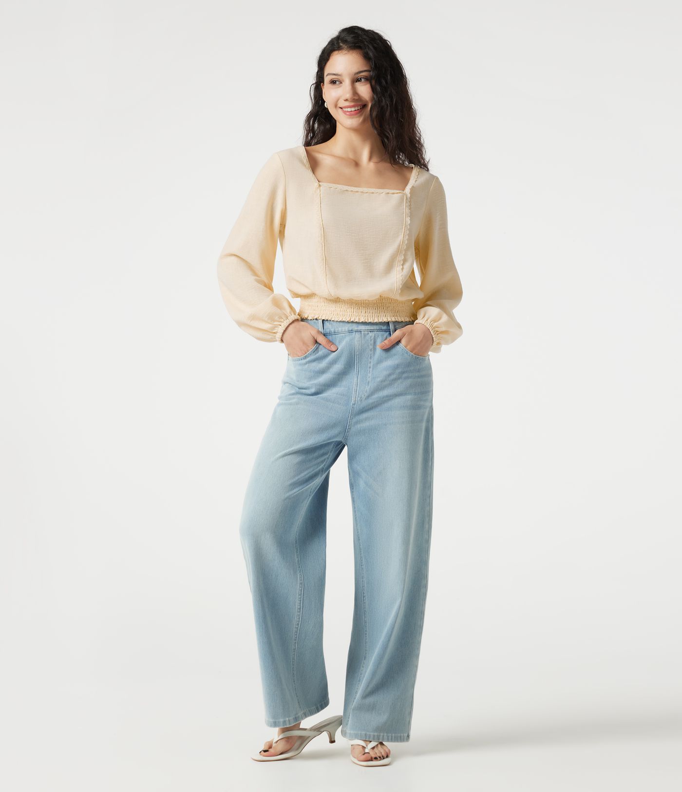 Square Neck Tie-back Bishop Sleeve Lace Panel Shirred Casual Linen-Feel Blouse