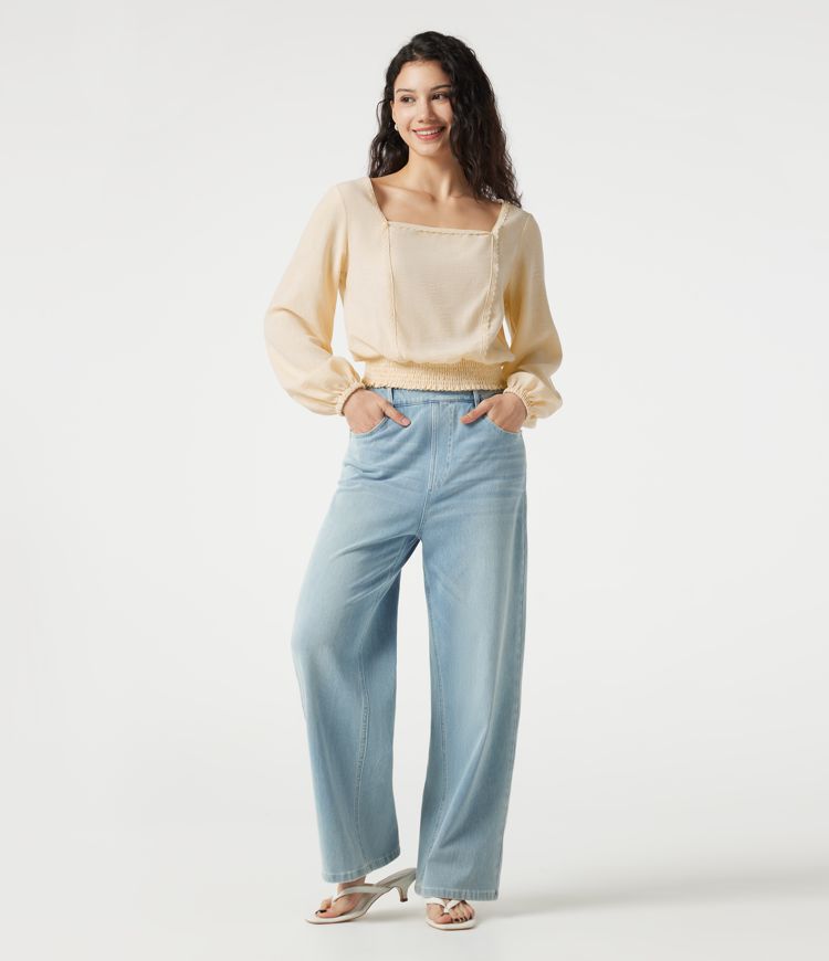 Square Neck Tie-back Bishop Sleeve Lace Panel Shirred Casual Linen-Feel Blouse