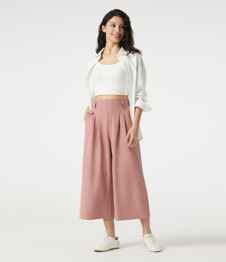 Halara Flex™ - Verkürzte Stoffhose mit hohem Bund, Seitentaschen, Waffelmuster und weitem Bein